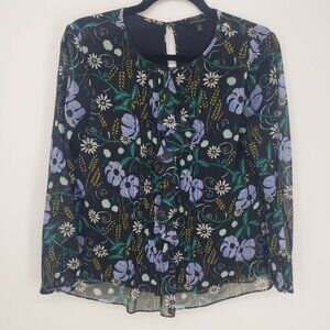 3/$25 Banana Republic Floral Print Blouse Top XS Ruffle‎ Trim Long Sleeve Black